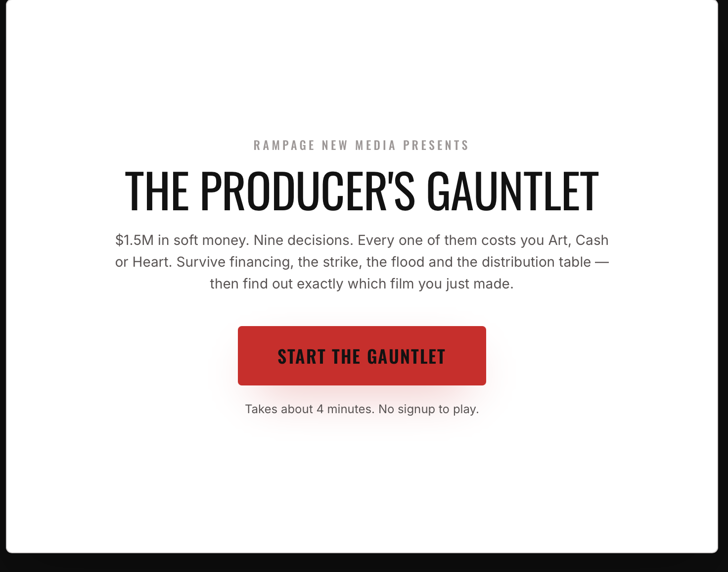 The Producer's Gauntlet start screen